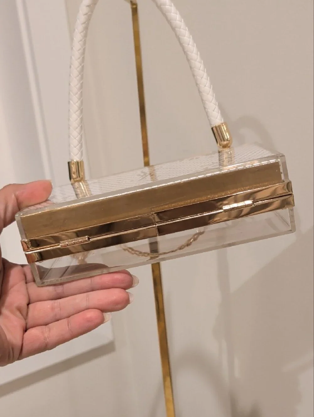 Saint Laurent White and Gold Box Clutch with Chain Charm